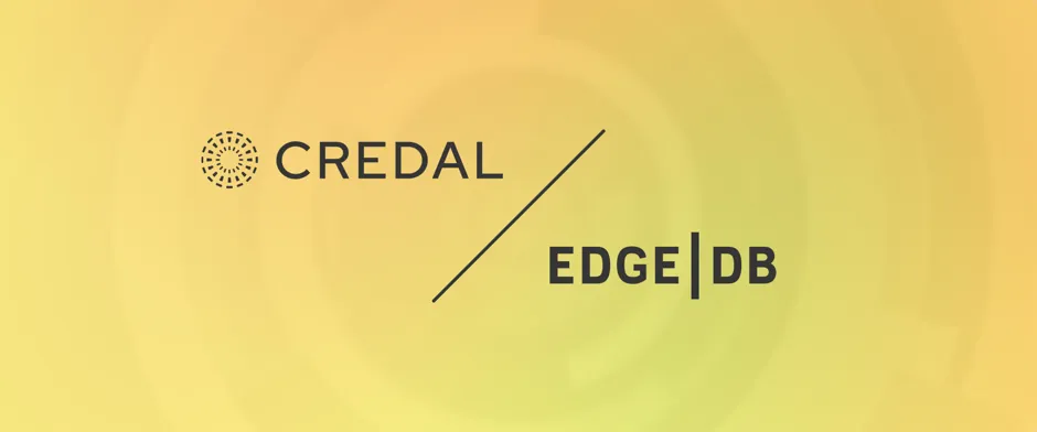 The Credal.ai logo and EdgeDB logo stacked vertically with a plus sign between on a yellow background with faint concentric circles in the background