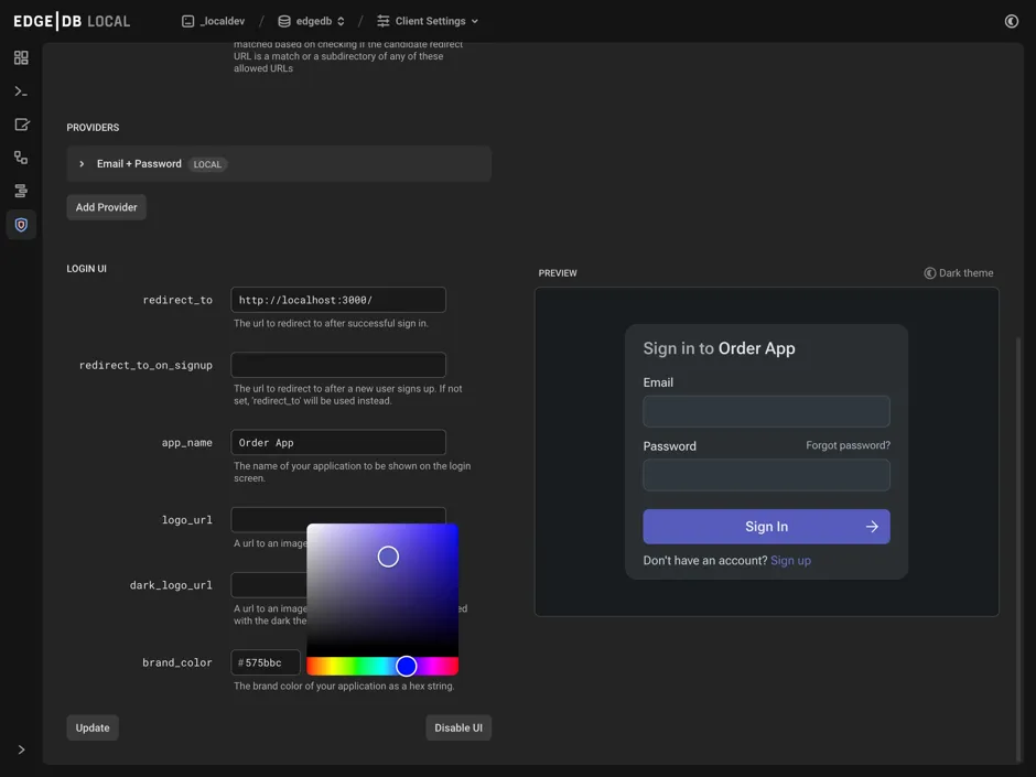 A screenshot of the EdgeDB configurtion UI showing how to set up and
preview the built-in UI.